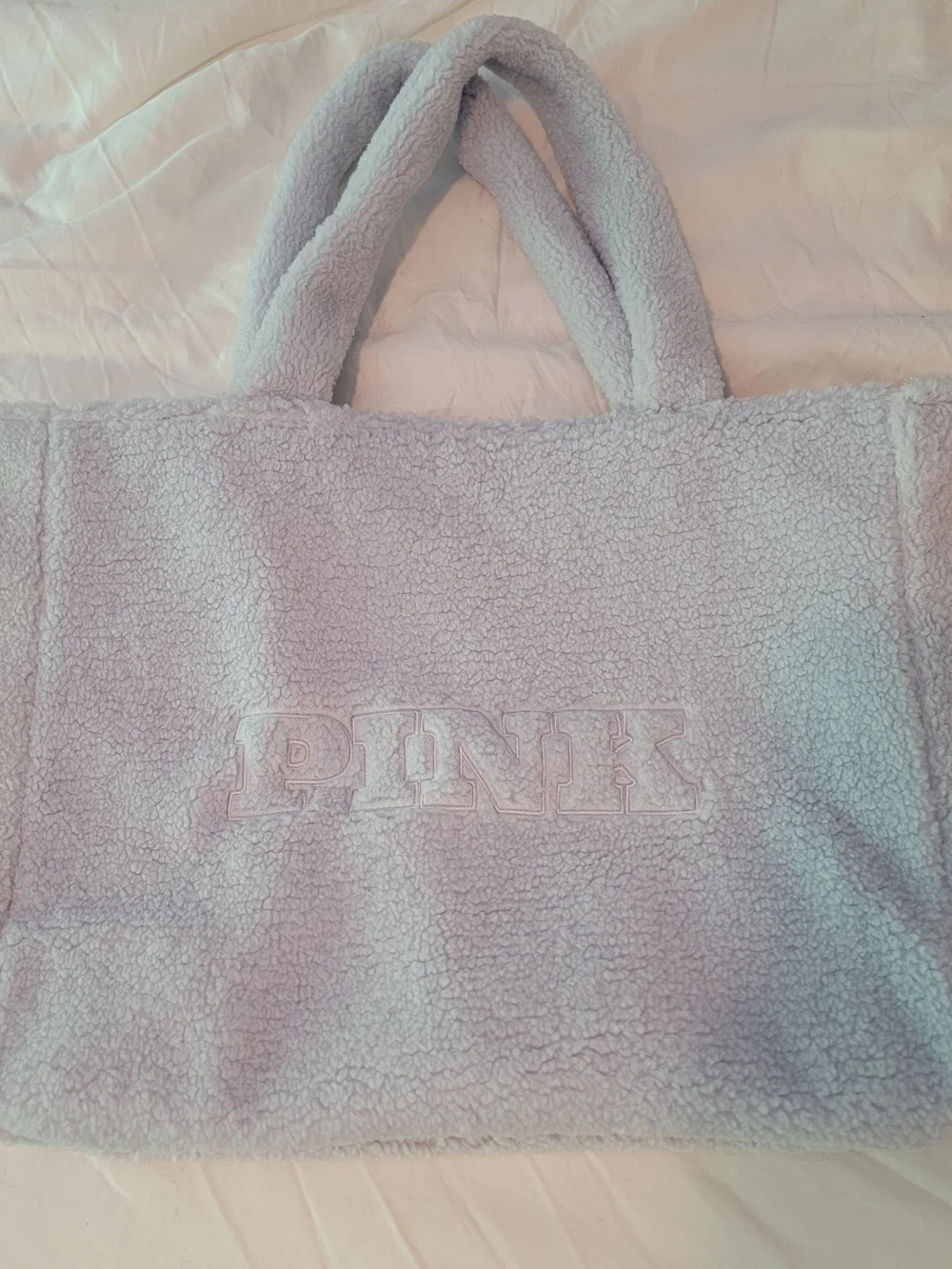 PINK Sherpa Tote Bag in Light Blue
